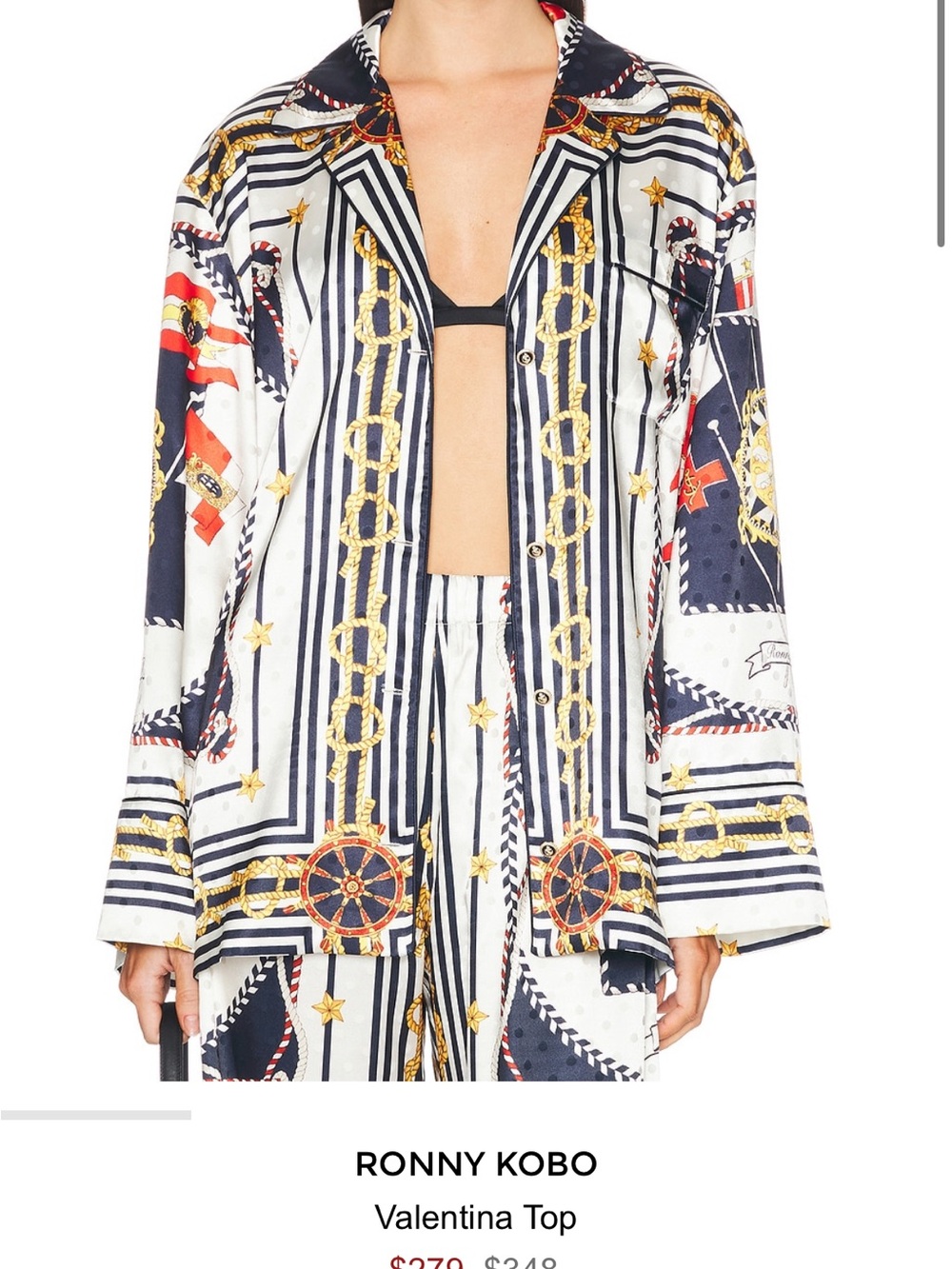 Ronny Kobo Valentina Nautical Print Button-Up Top — Navy, White, Gold, Red